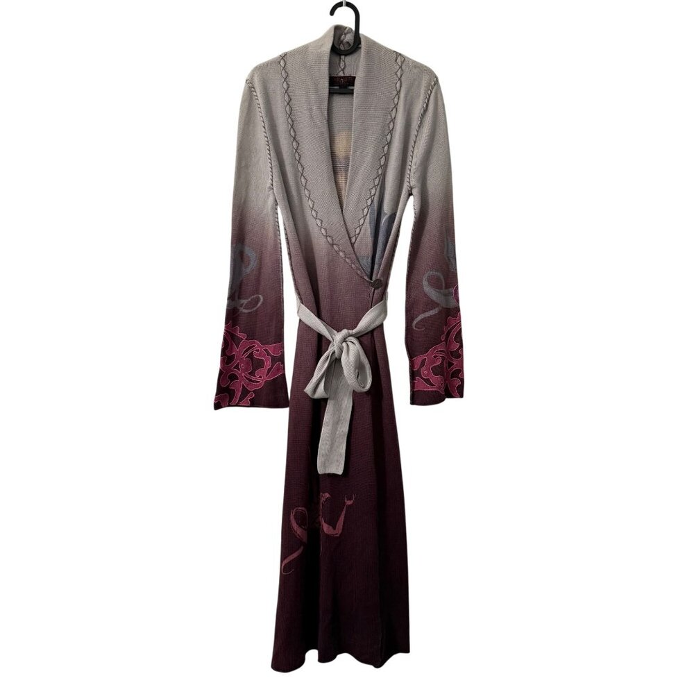 Raw 7 VTG RARE Y2K Cashmere Embroidered Flower Girl Belted Duster Cardigan XL